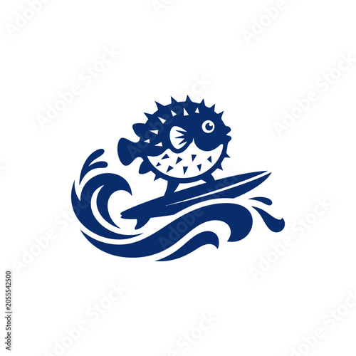 Pufferfish mascot surfing on a big ocean wave crest.