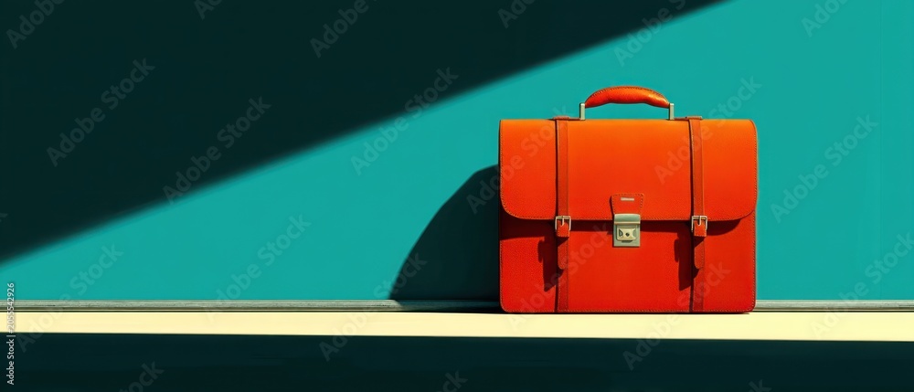 Naklejka premium A brightly colored red briefcase sits on a shelf against a teal wall, with diagonal shadows