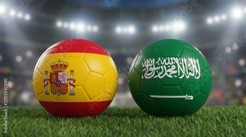 Spain vs Saudi Arabia Soccer Balls on Grass Stadium with Lights - Football Championship Matchup