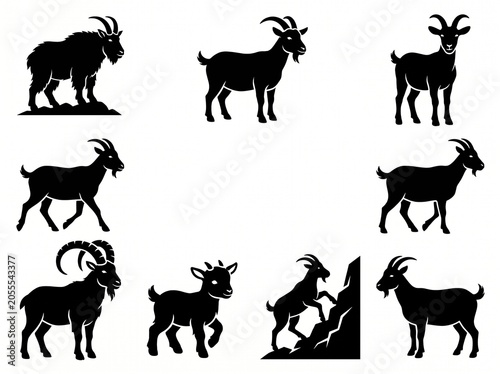 Set of black silhouette icons showing goats in various stances and postures