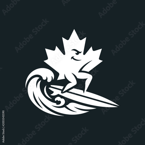 Photography Canadian maple leaf character surfing on ocean wave logo.
