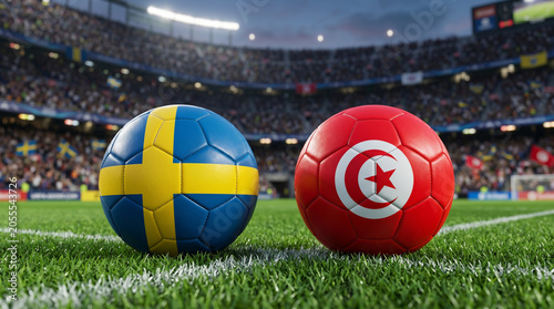 Sweden vs Tunisia Football Matchup: Flags on Soccer Balls in Stadium Arena with Crowd