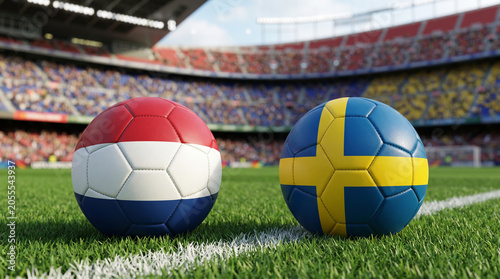 Netherlands and Sweden Soccer Balls on a Football Pitch in a Stadium with Crowd