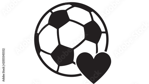 Soccer ball with heart icon, black and white football vector illustration, sport fan love symbol for athletic branding and team spirit graphics