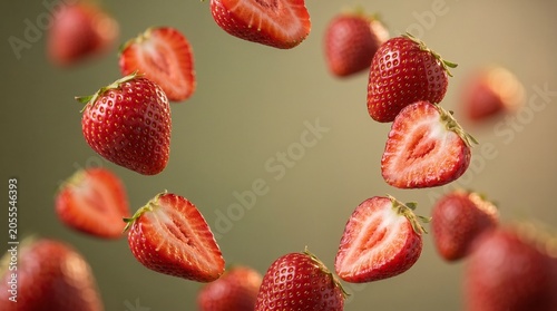 Strawberry Circle Frame Flying Fresh Fruit Slices Berry Red Food Healthy Organic