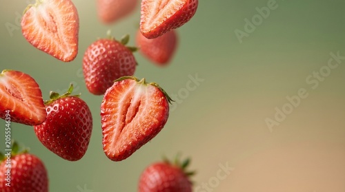 Strawberry Halves Flying Fresh Red Berry Background Food Healthy Sweet Organic Raw