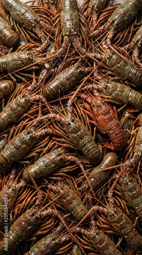 Vertical composition of fresh spiny lobsters for mobile seafood menu design