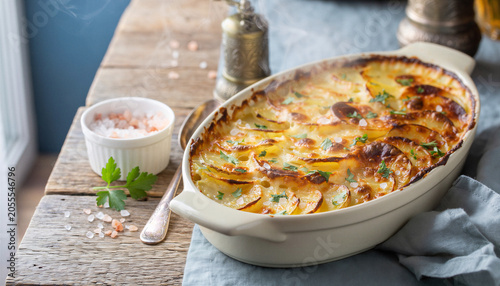 Golden potato gratin dauphinois in cream ceramic baking dish on rustic wood table with pink salt and parsley