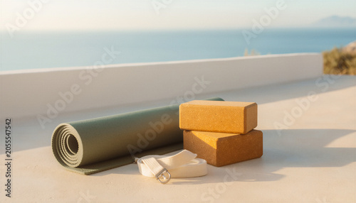 Green rolled yoga mat cork blocks and cotton strap on white terrace with sea view at golden hour