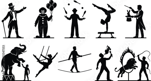Fotografía Circus performer silhouettes, clown juggler magician acrobat, trapeze tightrope