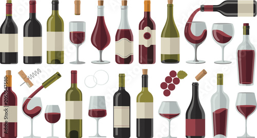 Tableau sur toile Wine bottle and glass vector illustration set featuring pouring red wine corkscr