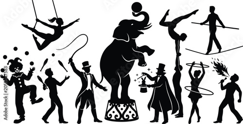 Tablou pe pânză Circus performer silhouettes, trapeze clown juggler magician, elephant balancing