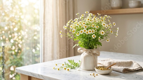 Fresh chamomile bouquet in white ceramic vase with ribbon on marble countertop near sunlit window