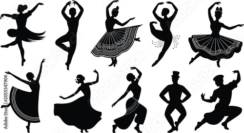 Cuadro en lienzo Dance silhouettes collection, ballet folk cultural poses, elegant movement vecto