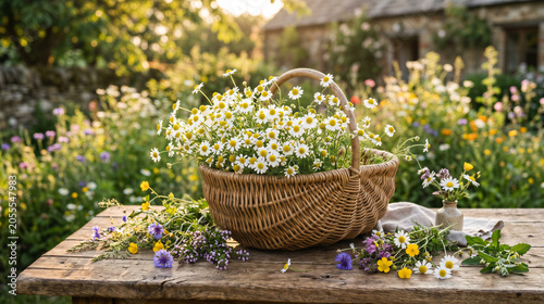 Wicker basket overflowing with fresh chamomile blooms on rustic wood table in sunlit cottage garden
