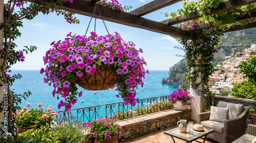 Cascading Purple Pink Petunias Hanging Basket on Amalfi Coast Terrace Overlooking Blue Mediterranean Sea