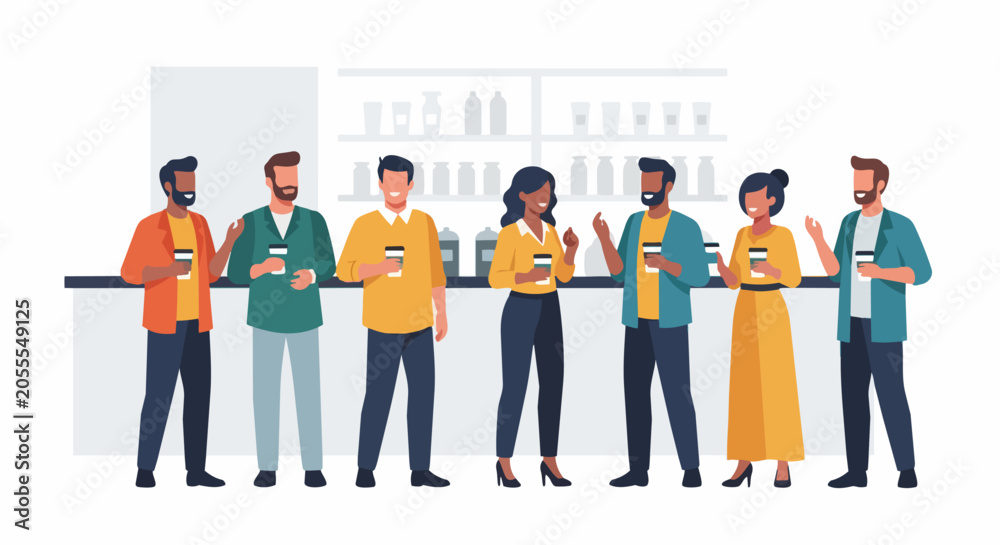 Fototapeta premium Diverse Group of Colleagues and Friends Socializing in a Modern Coffee Shop Cafe, Flat Vector Illustration of People Having a Coffee Break and Networking Together
