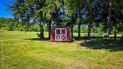 Small red storage shed in a grassy field with evergreen trees