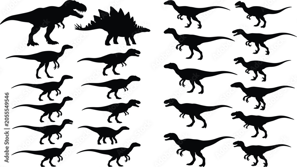 Fototapeta premium Dinosaur silhouettes collection, prehistoric creatures vector illustration, black and white art, T‑rex, Stegosaurus, raptor species, ancient wildlife graphic design