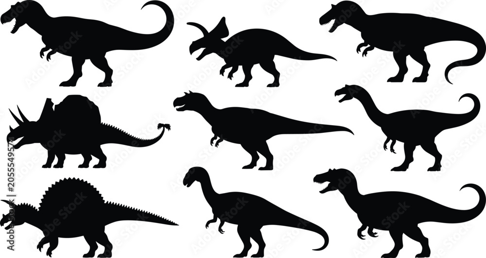 Obraz premium Dinosaur silhouettes of Tyrannosaurus, Triceratops, Stegosaurus, sauropods, prehistoric animals illustration showing ancient species, wildlife, evolution design