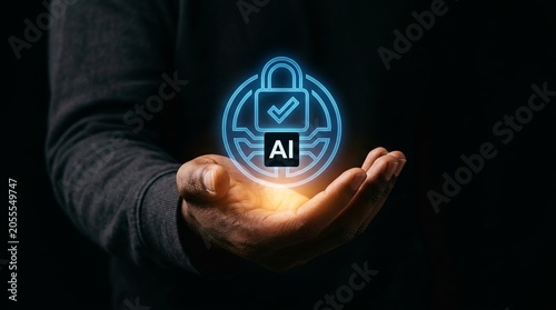 Businessman offers a glowing shield emblem representing robust artificial intelligence safety and cyber defense systems.