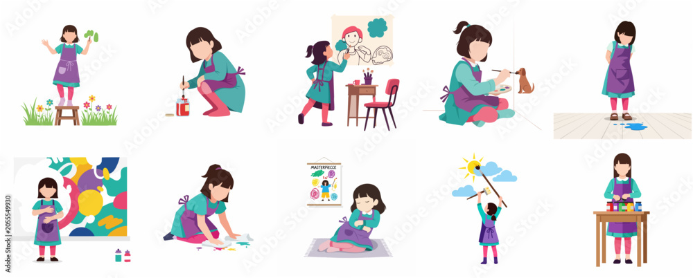 Fototapeta premium Set of creative illustrations featuring a young girl artist exploring various painting and drawing activities in a flat design style.