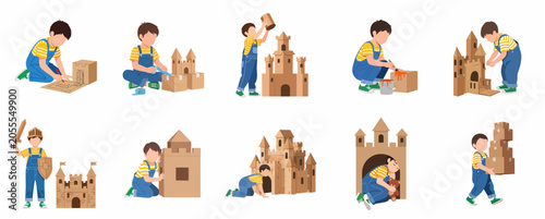 Fotografie Creative little boy building cardboard castle set, kid DIY craft project and ima