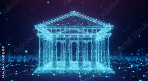 Blue digital wireframe classical building structure