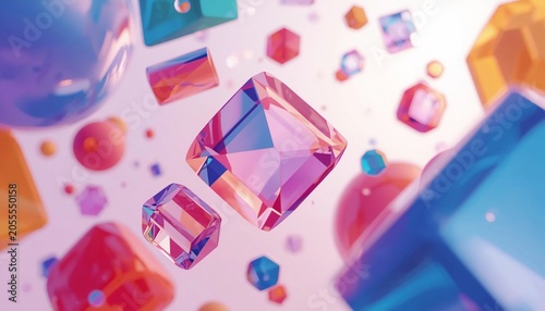 Abstract composition of 3D floating glossy geometric shapes made of plastic and glass.