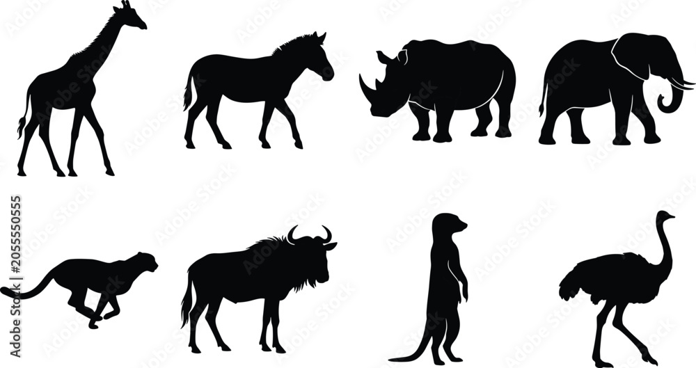 Fototapeta premium African savanna wild animal silhouettes set featuring giraffe zebra rhinoceros elephant cheetah wildebeest meerkat and ostrich