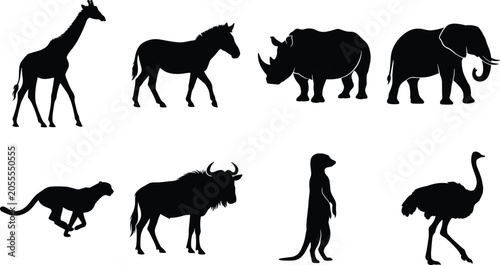 Canvas Print African savanna wild animal silhouettes set featuring giraffe zebra rhinoceros e