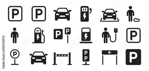 Electric vehicle charging and parking management icons for sustainable energy infrastructure.