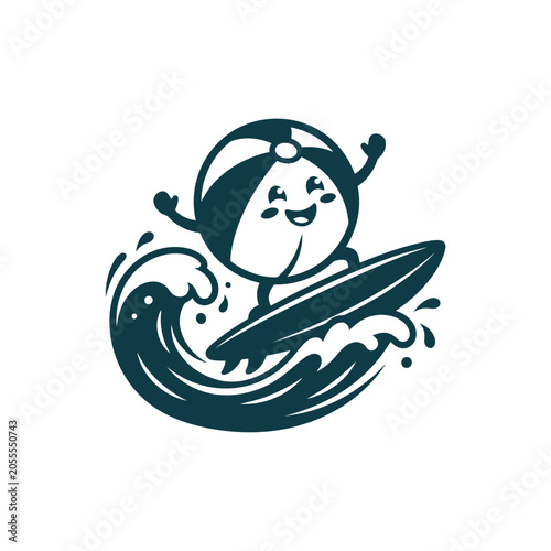 Photography Happy beach ball character surfing on a large wave.