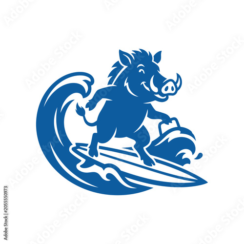 Photography Wild boar surfing on a blue ocean wave.