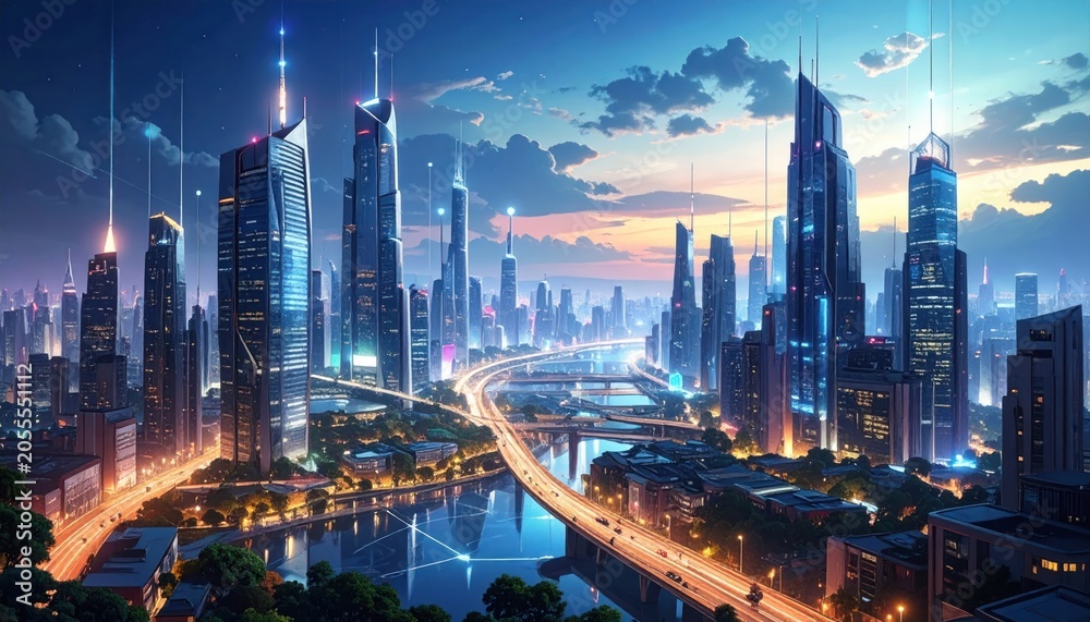Obraz premium Futuristic Cityscape at Night with Digital Network Overlays