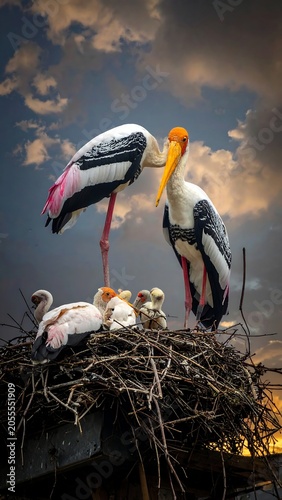 Majestic storks tend to their young in a nest