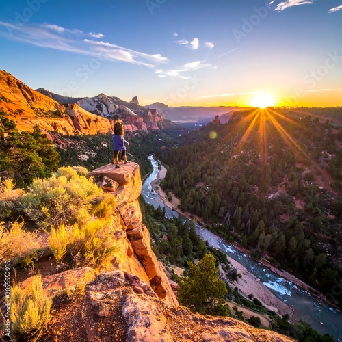 Majestic sunrise over a canyon and river