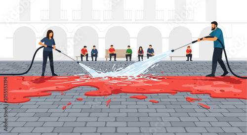 Man and woman cleaning a large red spill on a paved surface with water hoses.