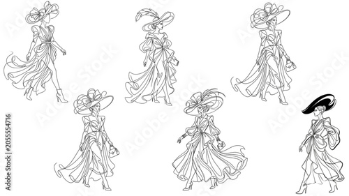 Cuadro en lienzo Couture Fashion Model With Dramatic Hat Continuous Line Art Illustration