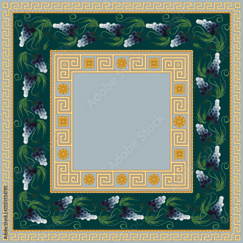 Set of border vector seamless patterns from blue grapes and golden classical friezes. 4 pattern brushes in the brush palette