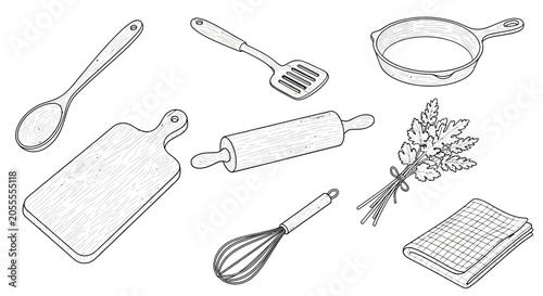 Foto Kitchen utensils set of hand drawn wooden tools for cooking baking and food preparation including whisk cutting board spatula pan and fresh parsley herb
