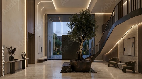 Large ornamental olive tree stands in a central indoor pot within a luxurious hotel lobby featuring warm ambient lighting and a modern grand curved staircase