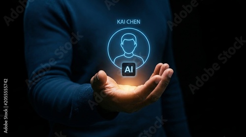 Businessman showcases a personalized digital user profile hologram with an artificial intelligence label above it.