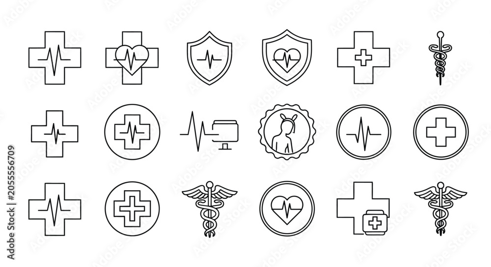 Fototapeta premium Set of healthcare and medical line icons including crosses with heartbeats caduceus and shield symbols on white background.