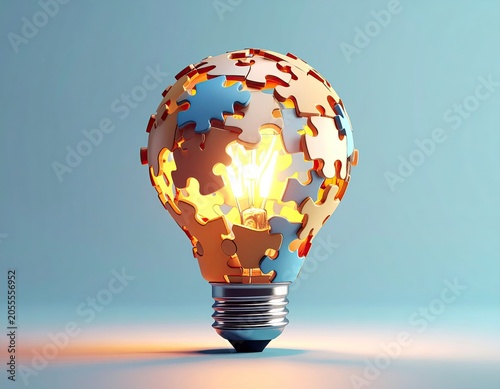 Illuminated Puzzle Light Bulb Symbolizing Creative Ideas and Innovation.