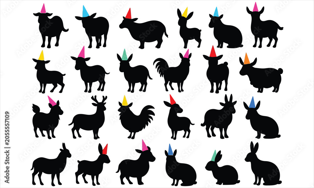 Obraz premium Collection of black animal silhouettes wearing colorful party hats on white background