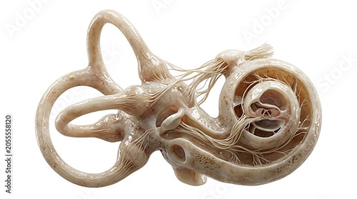 Anatomical 3d render of the human inner ear labyrinth including the cochlea and semicircular canals isolated on white background
