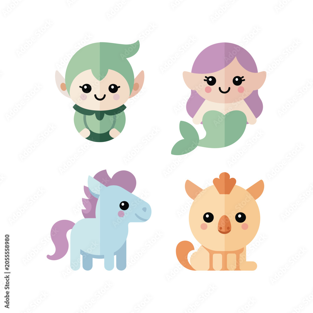 Fototapeta premium Fairy Tale Friends, Elf Mermaid Unicorn And Kitten, Kawaii Style, Sticker Pack Icon Set, Flat Vector Icons, Clipart Collection