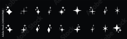 Star sparkle and shine icon collection, glitter twinkle flash light symbols in solid and outline vector isolated on black background. eps10