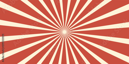 Circus vintage tent background. Retro sun rays pattern. Vintage starburst poster. Star burst radial lines texture. Red stripes. Circus, carnival, summer fair backdrop. Vector